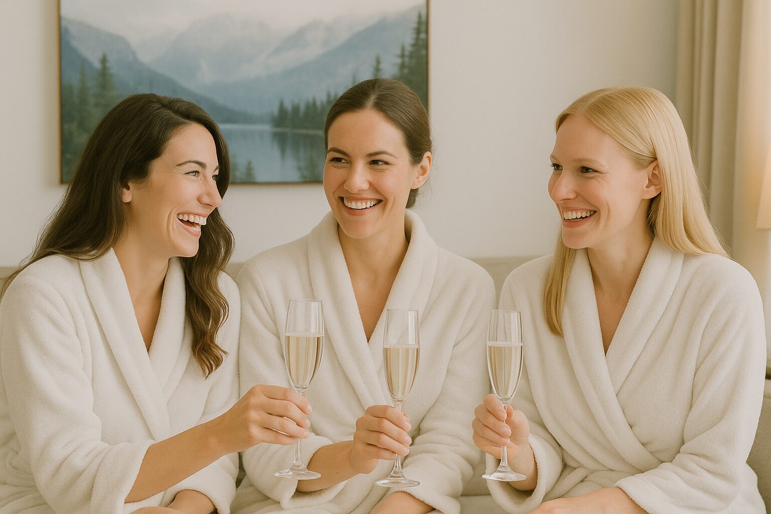 Drei Frauen in weißen Gewändern sitzen zusammen auf einem Sofa, lächeln und halten Gläser mit Champagner in der Hand. An der Wand hinter ihnen hängt ein Gemälde mit einem See und Bergen. Die Atmosphäre ist fröhlich und entspannt.