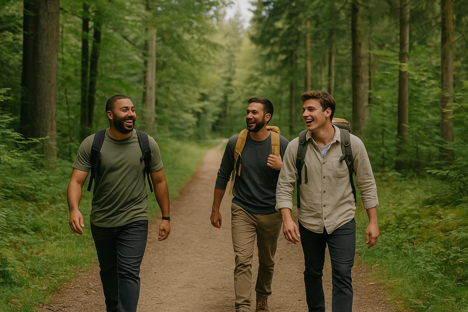 Three young men with backpacks walk and laugh together on a dirt path through a lush, green forest, enjoying a hike on a bright day.