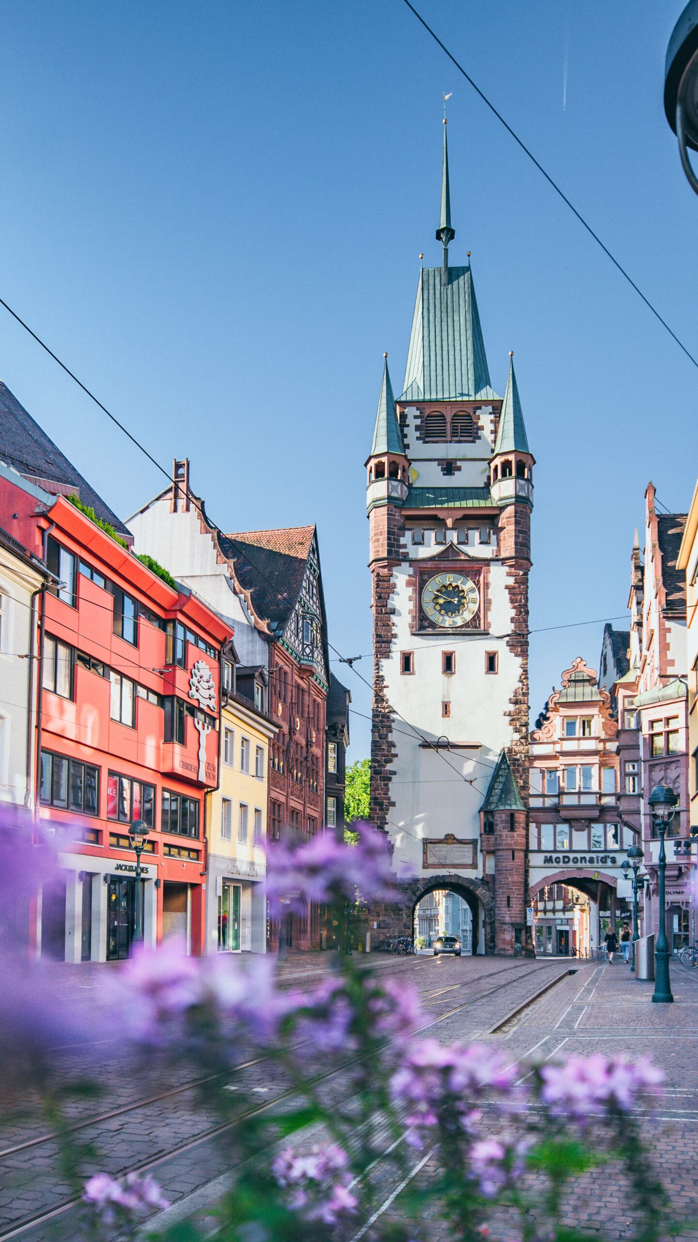 Ein historischer Uhrenturm steht an einem sonnigen Tag inmitten bunter Gebäude, mit Straßenbahnschienen entlang der Straße und lila Blumen im Vordergrund.